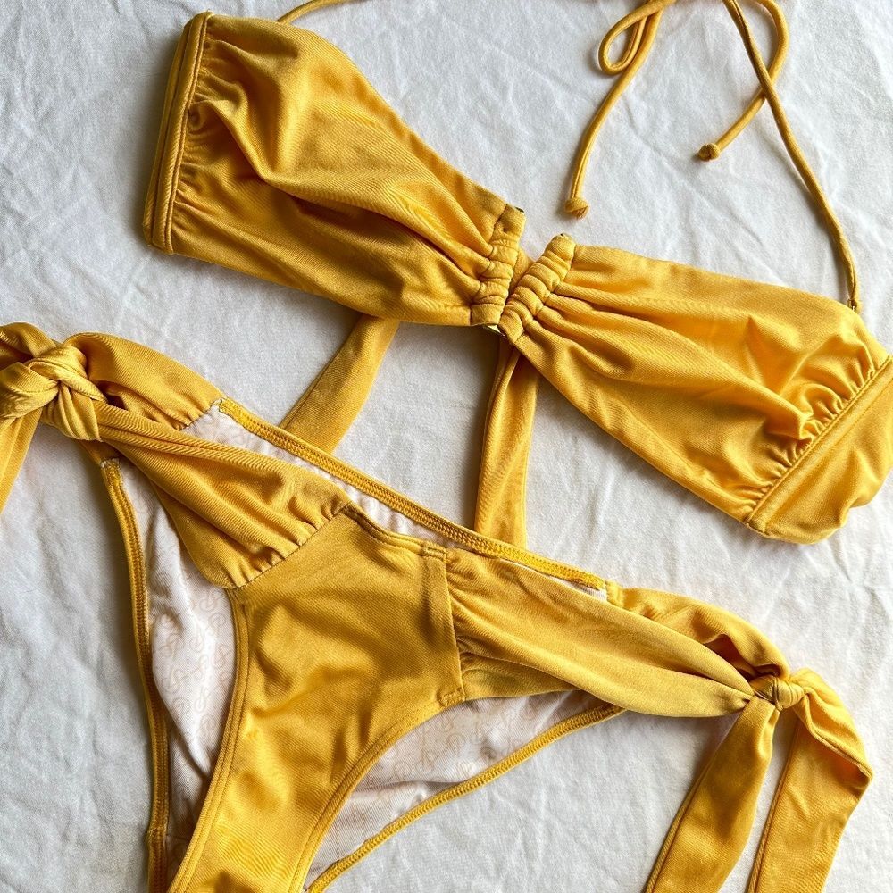 Victoria's Secret 2 pc Bandeau Gold Mustard Yellow Bikini Small Large Women's